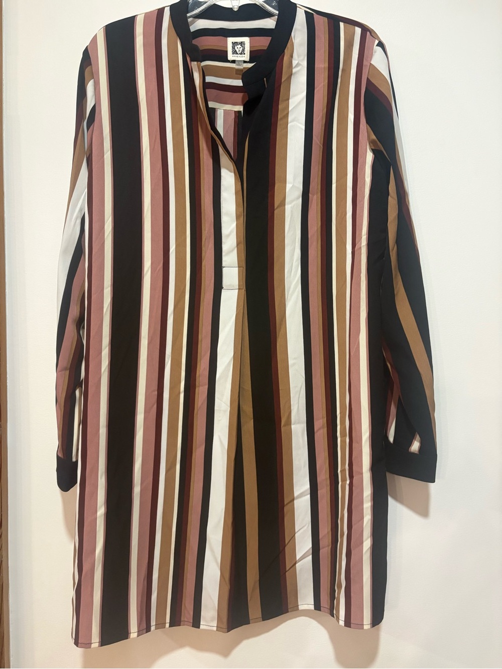 Anne Klein Vertical Stripe Long Sleeve Tunic in Black,White,Pink, Tan &Burgundy